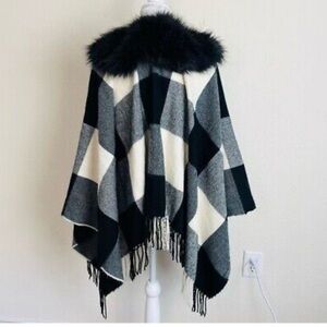 NWT J. Crew Black & White Gingham Plaid Fur Collar Fringe Poncho Jacket